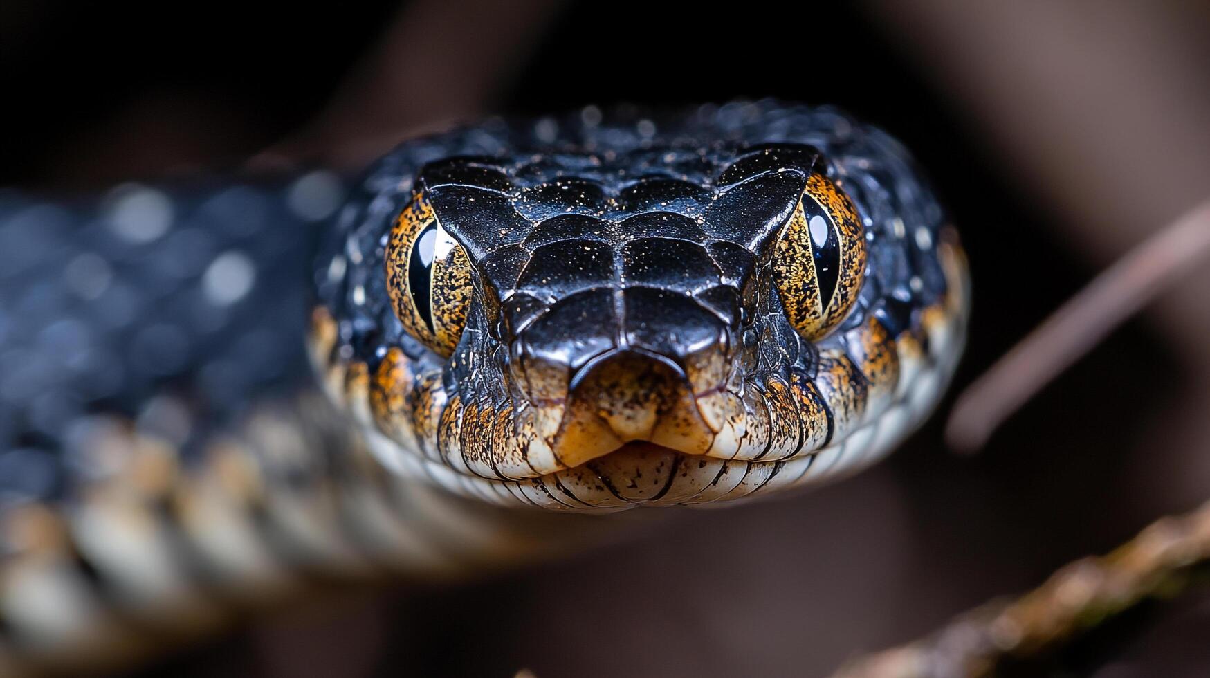 Close-up of a snake revealing its captivating eyes, showcasing its striking black scales and earthy tones in its natural environment. photo