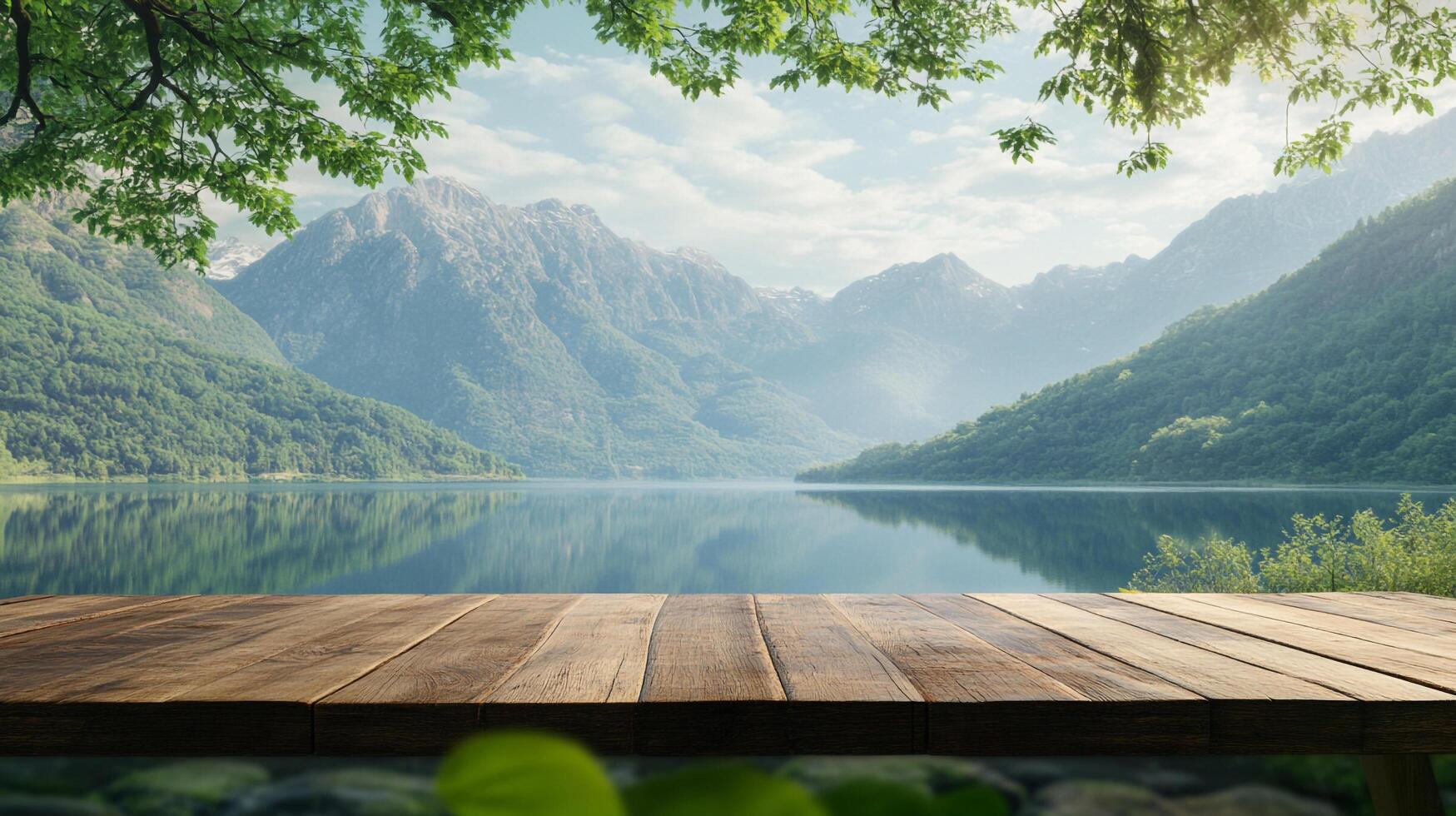 Wooden deck overlooking a serene lake surrounded by mountains. Mist hangs in the air, creating a peaceful and scenic vista, relaxing scene. photo