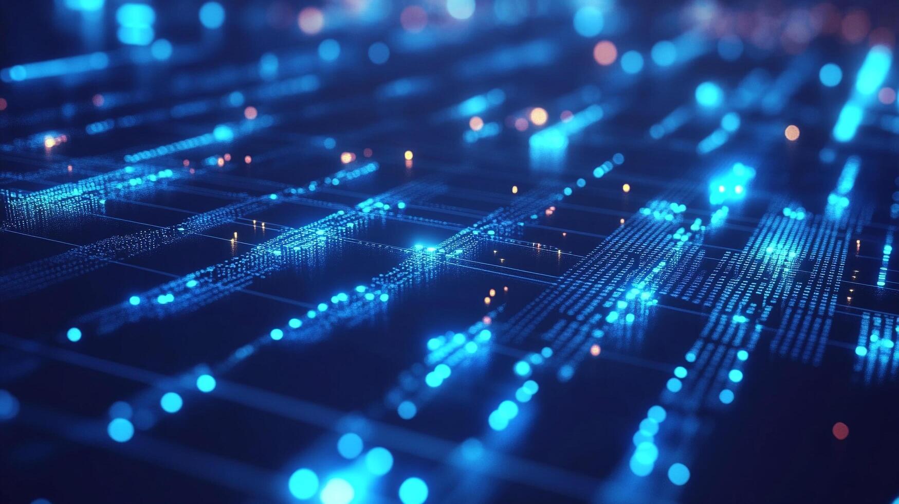 Abstract representation of digital network and technology background with blue lights and geometrical shapes. High tech grid structure photo