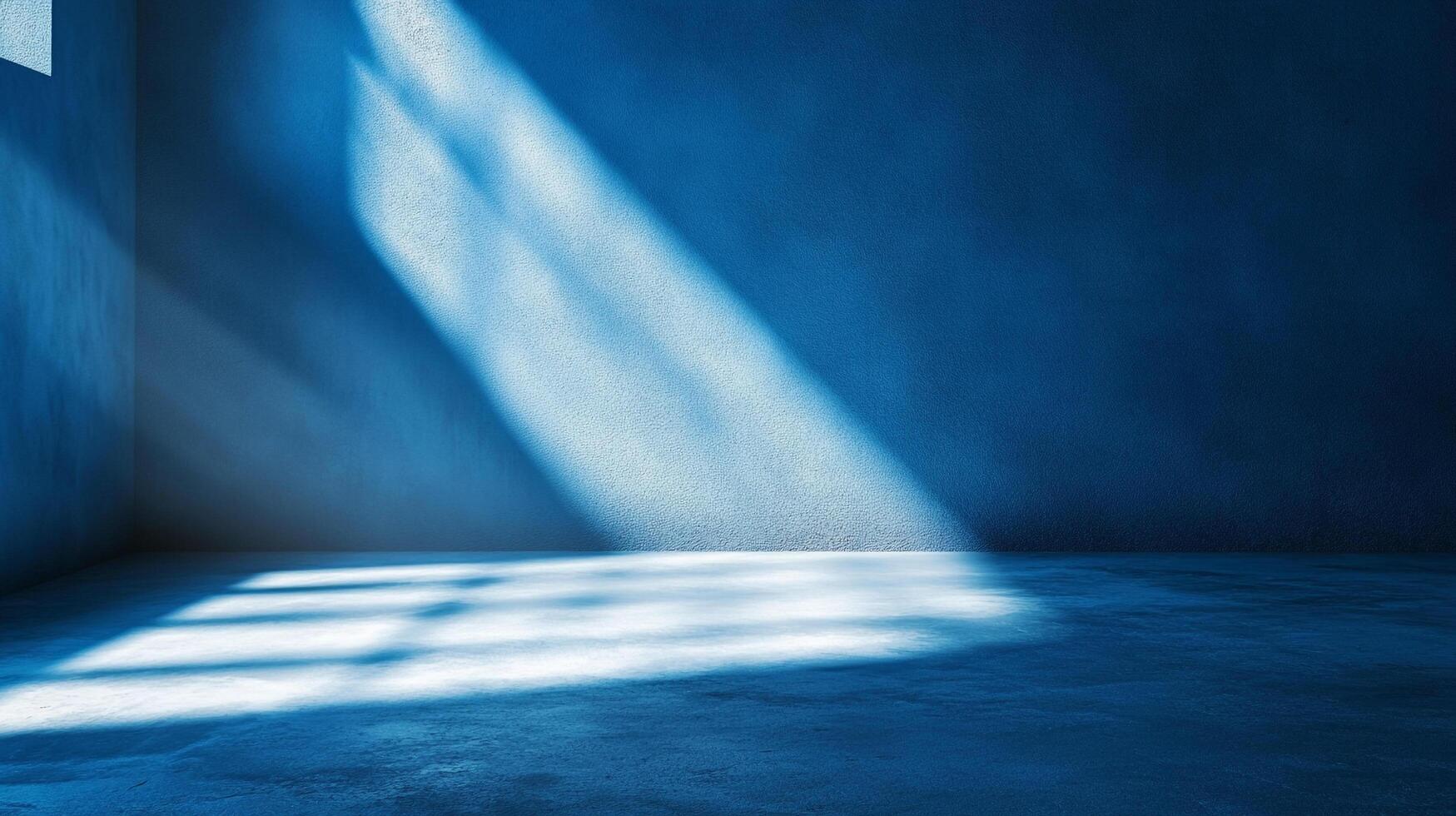 Sunlight streams into an empty, indigo room. Light and shadow create a serene and contemplative space. Abstract, minimalist design. photo