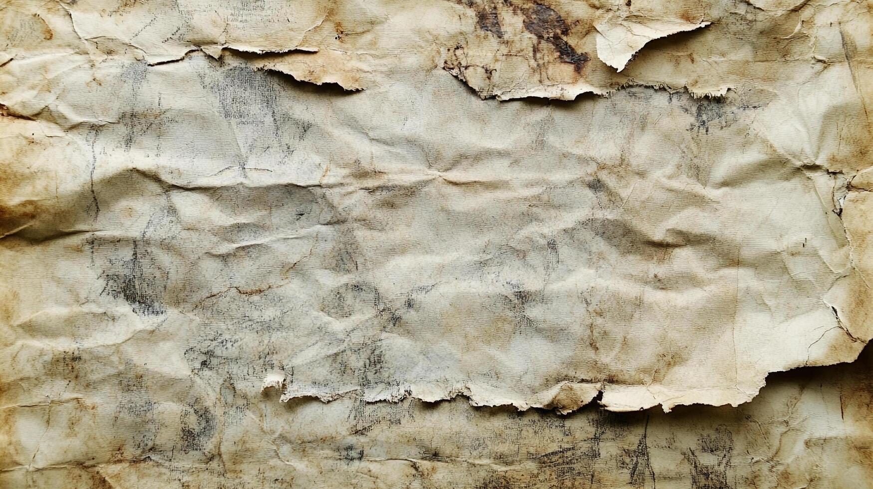 An abstract paper surface shows weathered textures, with crumpled edges and stained marks on a light, aged color palette backdrop. photo