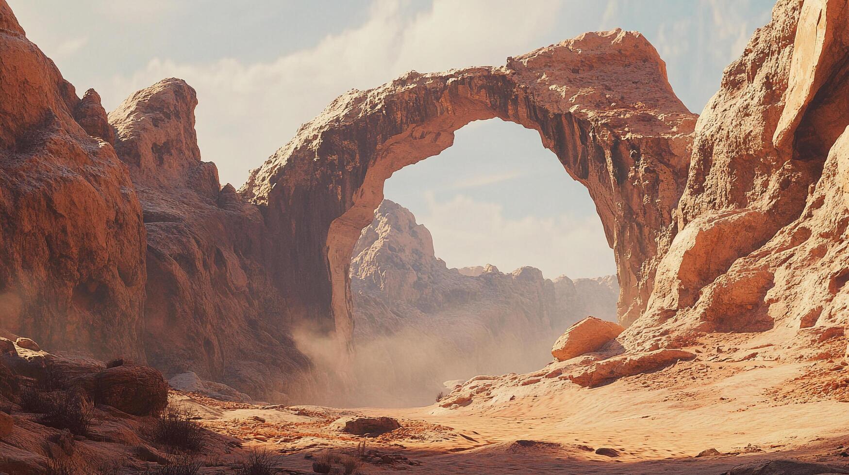 Majestic arch formation carved by time stands prominently in a serene desert landscape with dust adding mystery to the scene. photo