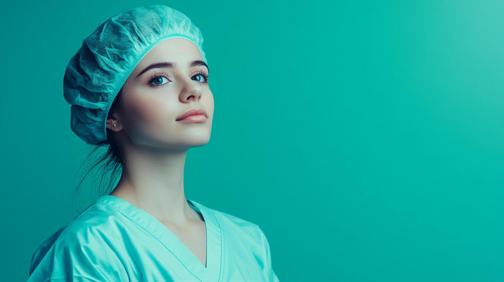 Focused healthcare worker looks upward in scrub cap and medical uniform, embodying dedication and commitment to patient care, ready to act. photo