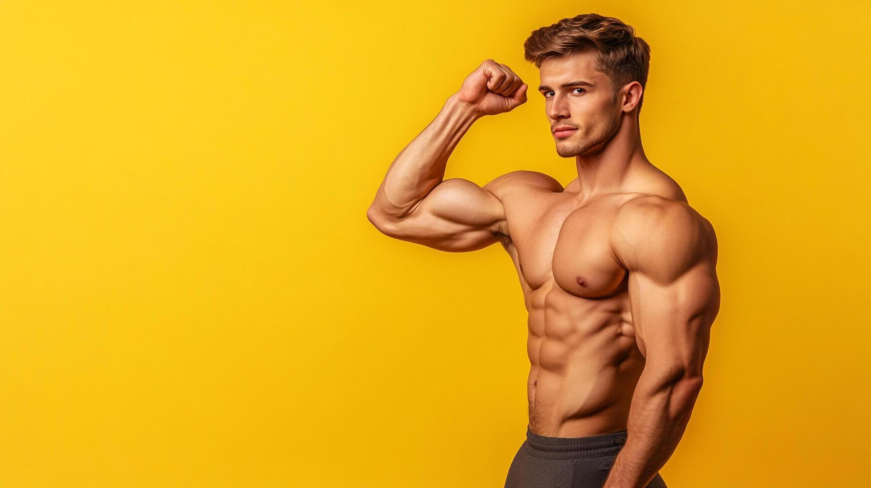 Muscular man flexing his arm. Showing off physique, muscles and strength. Strong physique, confident expression, and striking pose against yellow background. photo