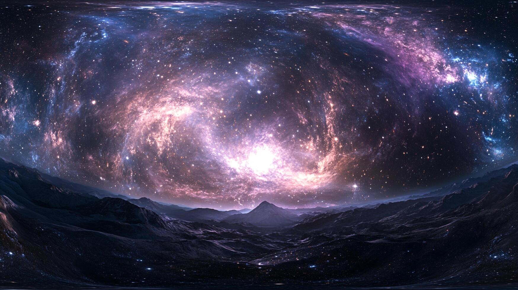 Panoramic vista of a cosmic expanse, revealing a star-filled galaxy swirling above an undulating, shadowed, mountainous landscape. photo