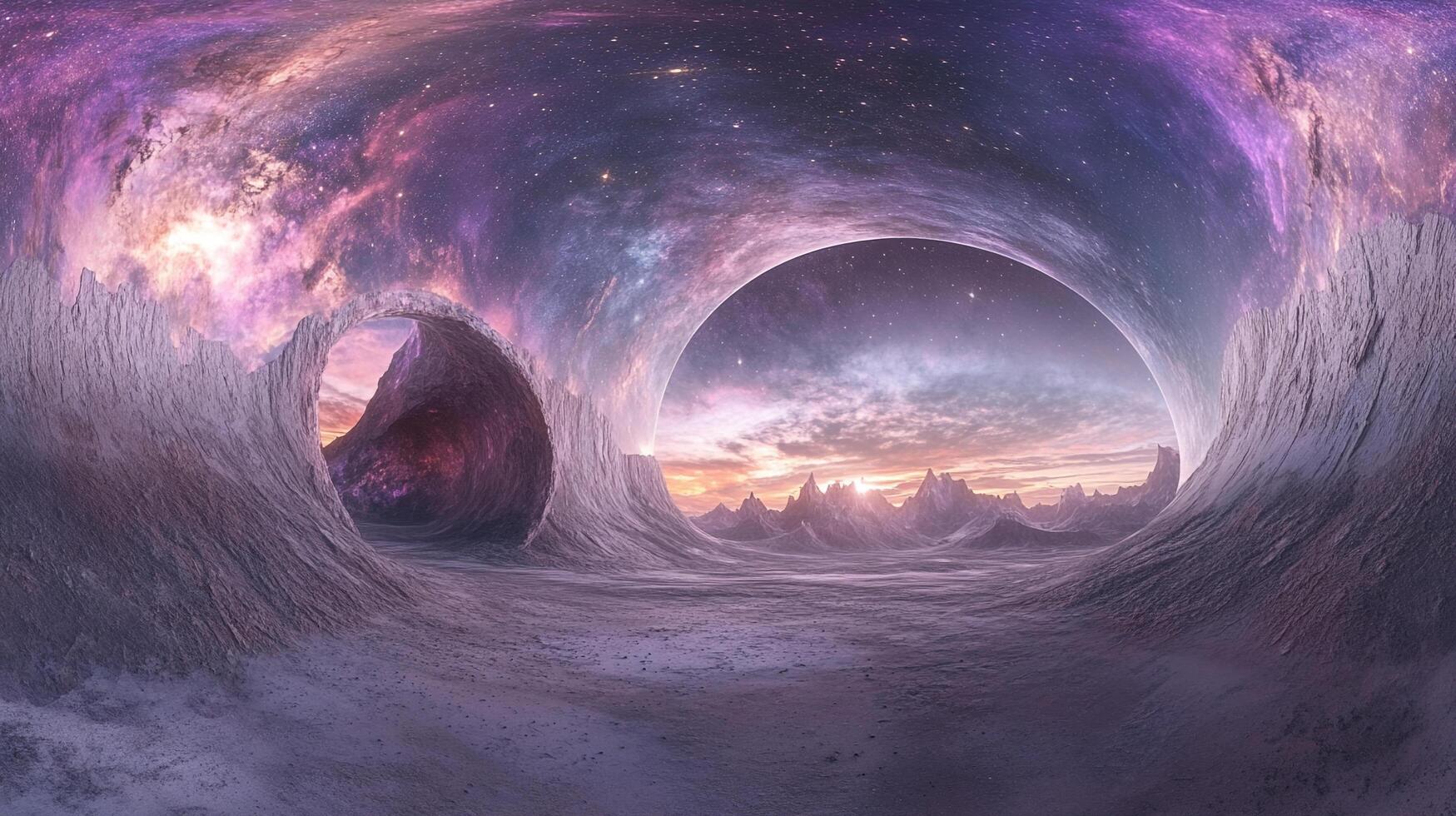 Surreal landscape featuring cosmic skies viewed through unique rock formations, blending earthly and otherworldly elements in a seamless visual. photo