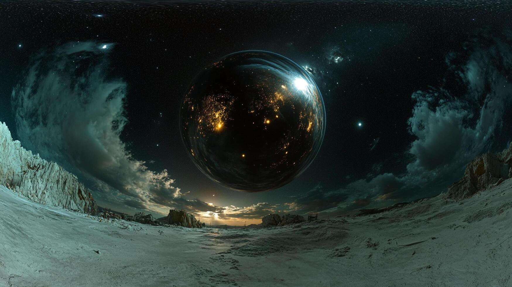 A celestial sphere hovers above a desolate, rocky landscape beneath a starlit sky, blending cosmic wonder with earthly desolation. photo