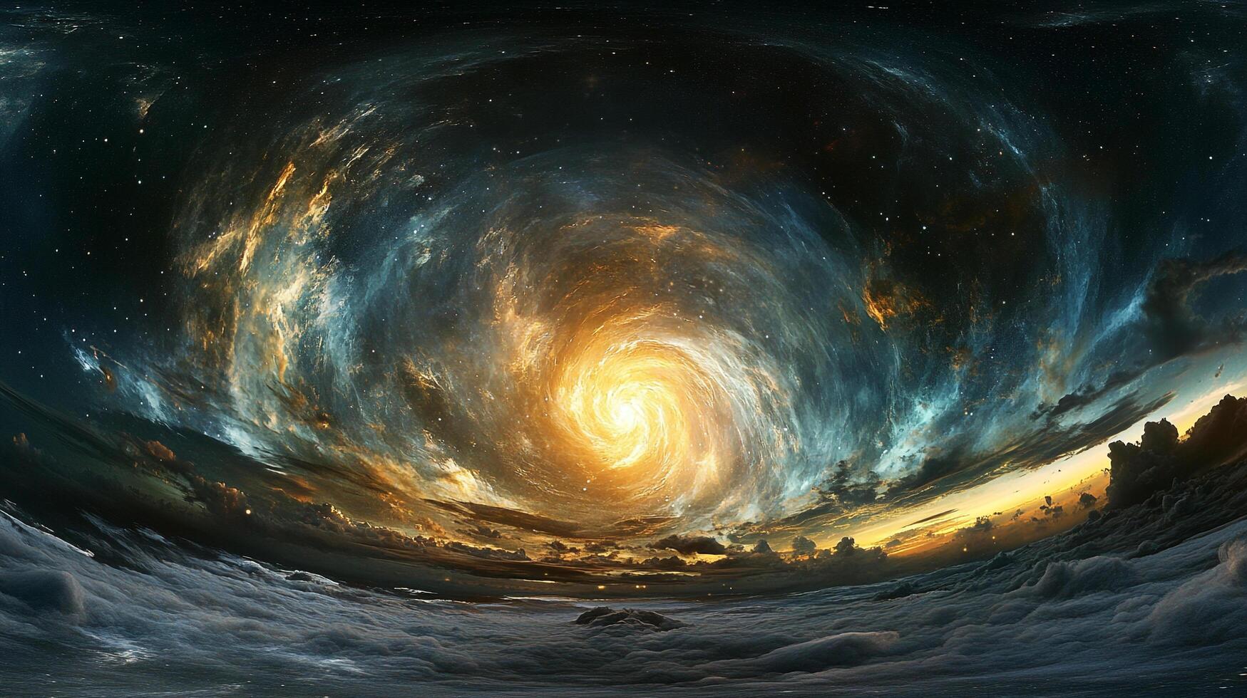 A swirling vortex of nebulae and stars dominates the sky, with swirling clouds below, creating a cosmic panorama full of energy and awe. photo
