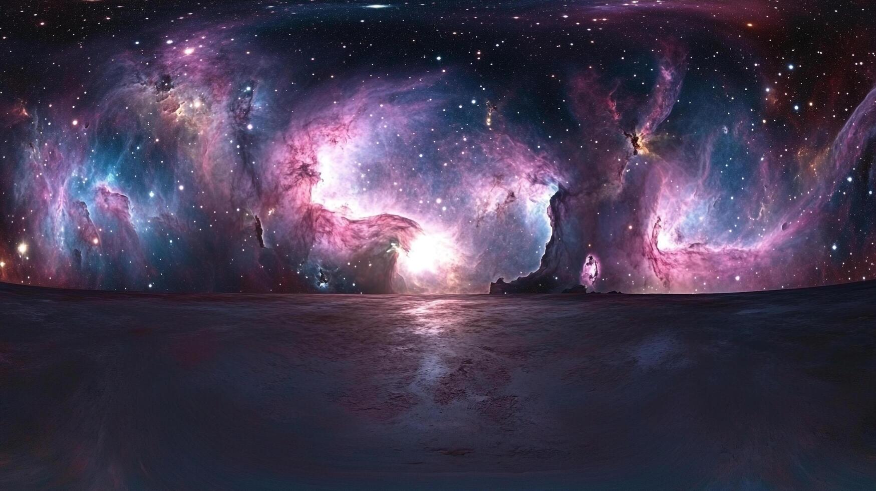 A panoramic view of a stunning, colorful nebula in deep space, with a dark, reflective surface in the foreground. photo