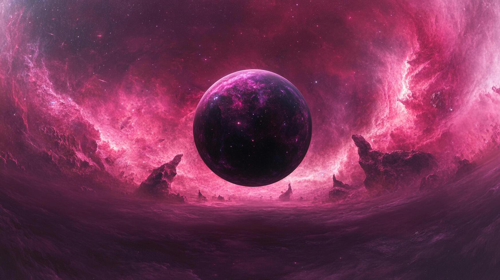 Vibrant cosmic vista with a central planet, surrounded by swirling nebulas and celestial bodies in shades of magenta and purple. photo