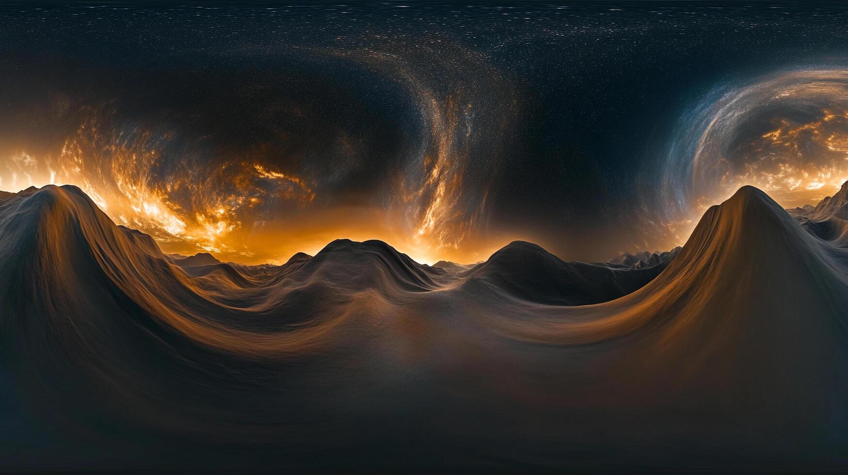 Otherworldly vista of dark mountains under a swirling golden sky, evokes a sense of awe and wonder. Breathtaking panorama of nature's power. photo