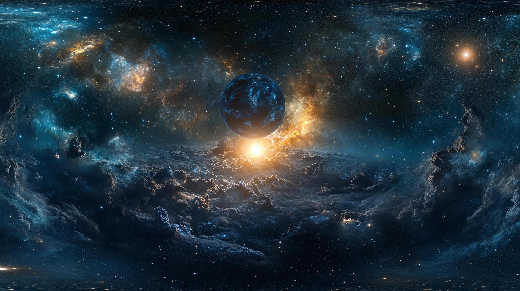 Majestic space panorama reveals a vibrant nebula with celestial dust and a distant planet, painting a breathtaking cosmic scene. photo