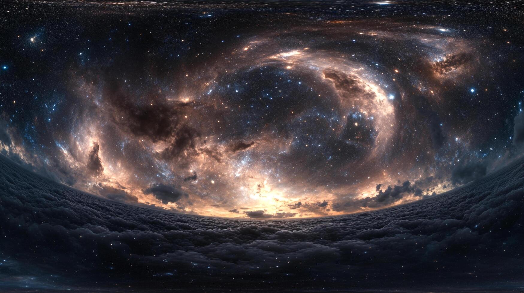 Celestial panorama blending swirling nebulae with a dense cloudscape, awash with starlight and ethereal light. An cosmic spectacle unfolds. photo