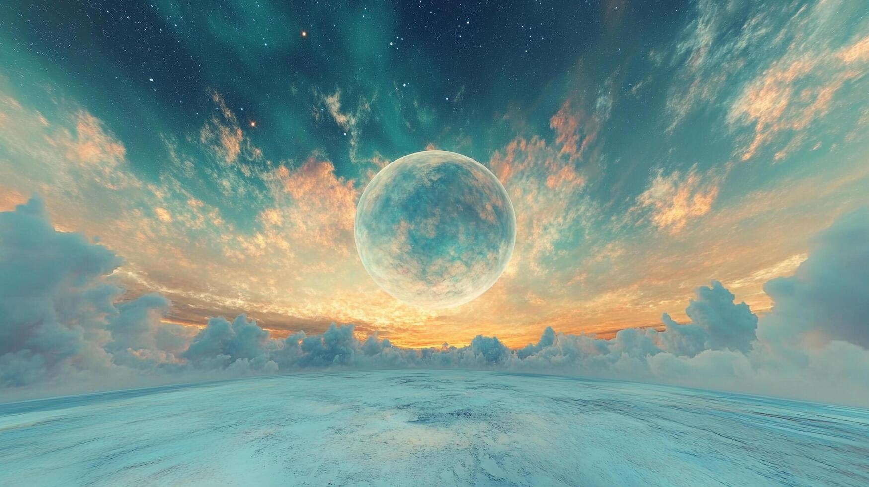 Surreal celestial landscape with a vibrant planet-like sphere, layered clouds, and pastel sky merging with a tranquil surface. photo