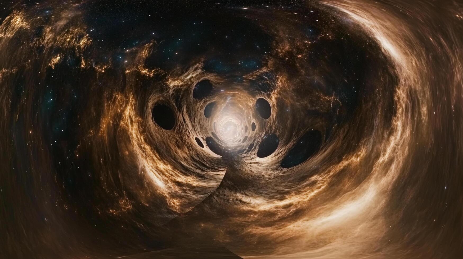 Abstract cosmic tunnel with swirling nebula clouds and dark voids, leading to a bright, ethereal light at the end. Journey through space. photo