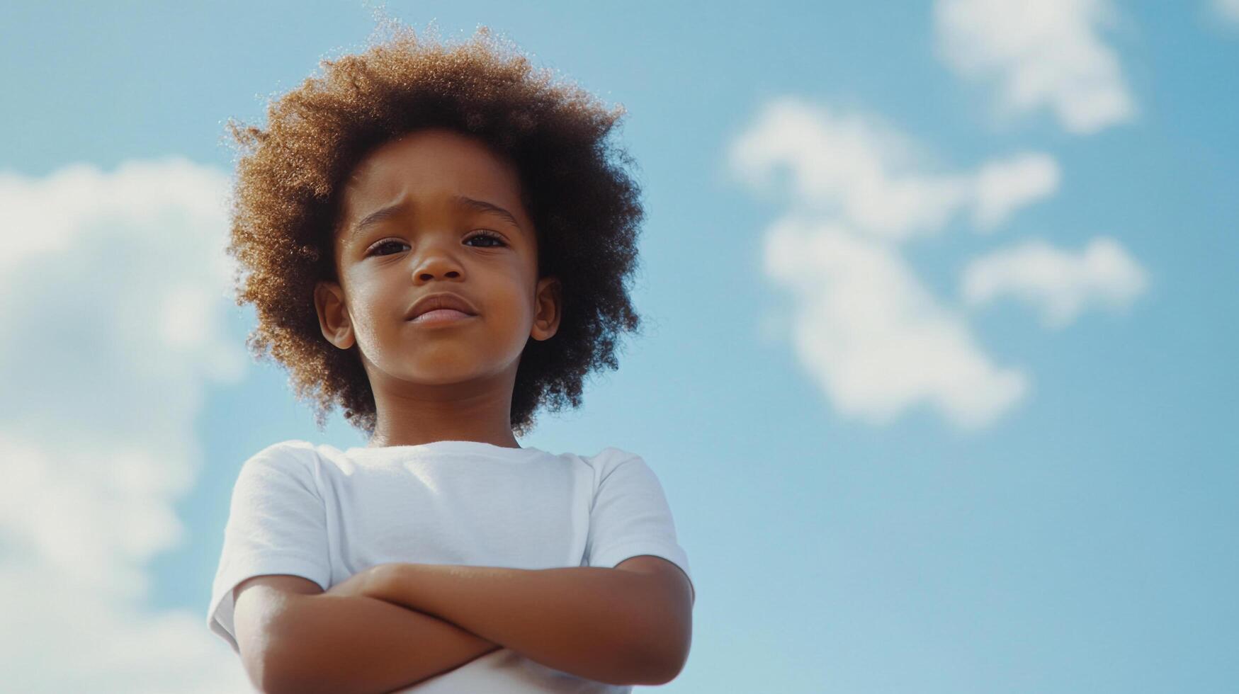 A young child poses with arms crossed against a bright blue sky. The confident look on their face gives an air of determination and self-assurance. photo