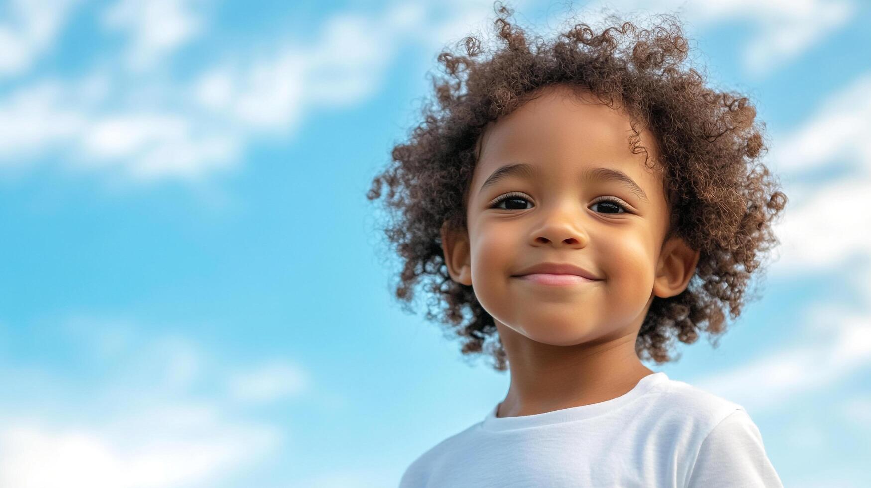 Adorable child with curly hair smiles against a sunny blue sky, radiating innocence and joy. A heartwarming portrait of youthful beauty. photo