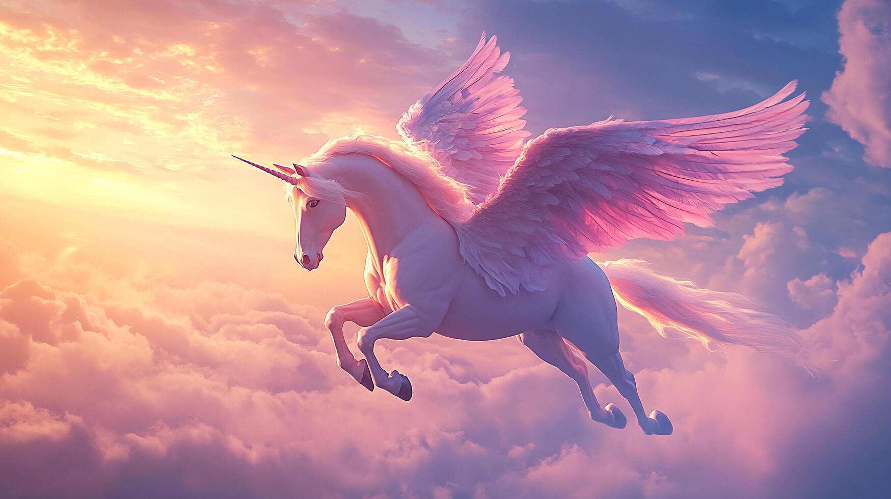 A majestic winged unicorn soars through a vibrant sunset sky, its form radiant against the colorful clouds in this ethereal and inspiring scene. photo