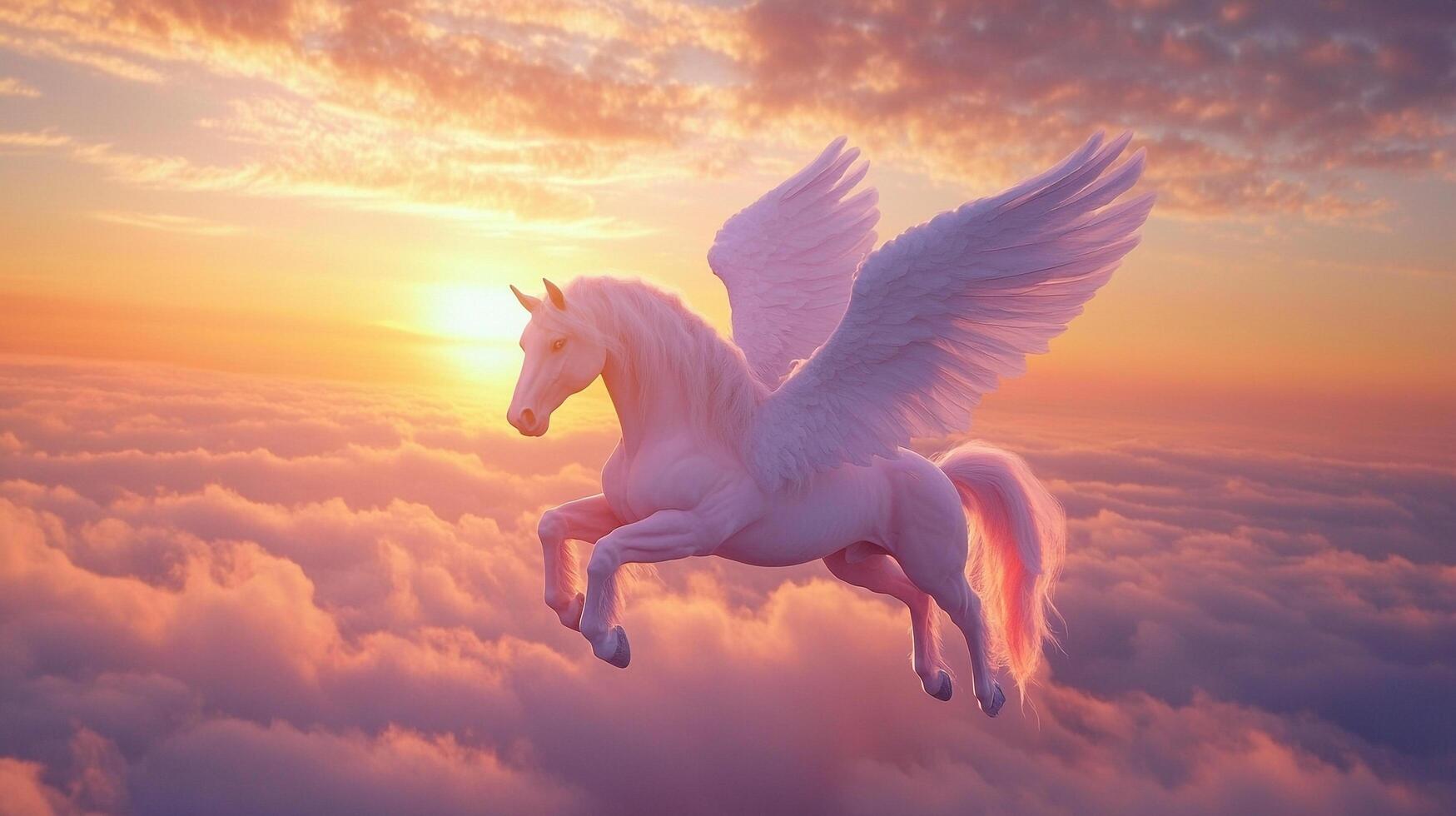 A majestic winged horse soars gracefully above a sea of soft clouds, bathed in the warm hues of a breathtaking sunset. Ethereal beauty. photo
