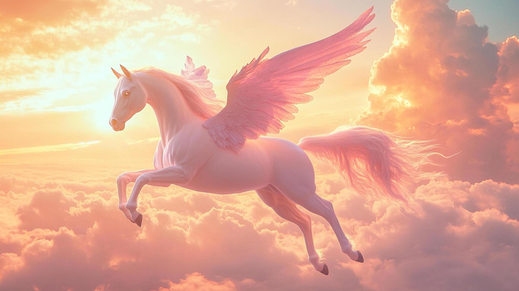Fantasy horse with wings soaring through a pastel colored sky above the clouds. A magical creature in a soft dreamy landscape. photo