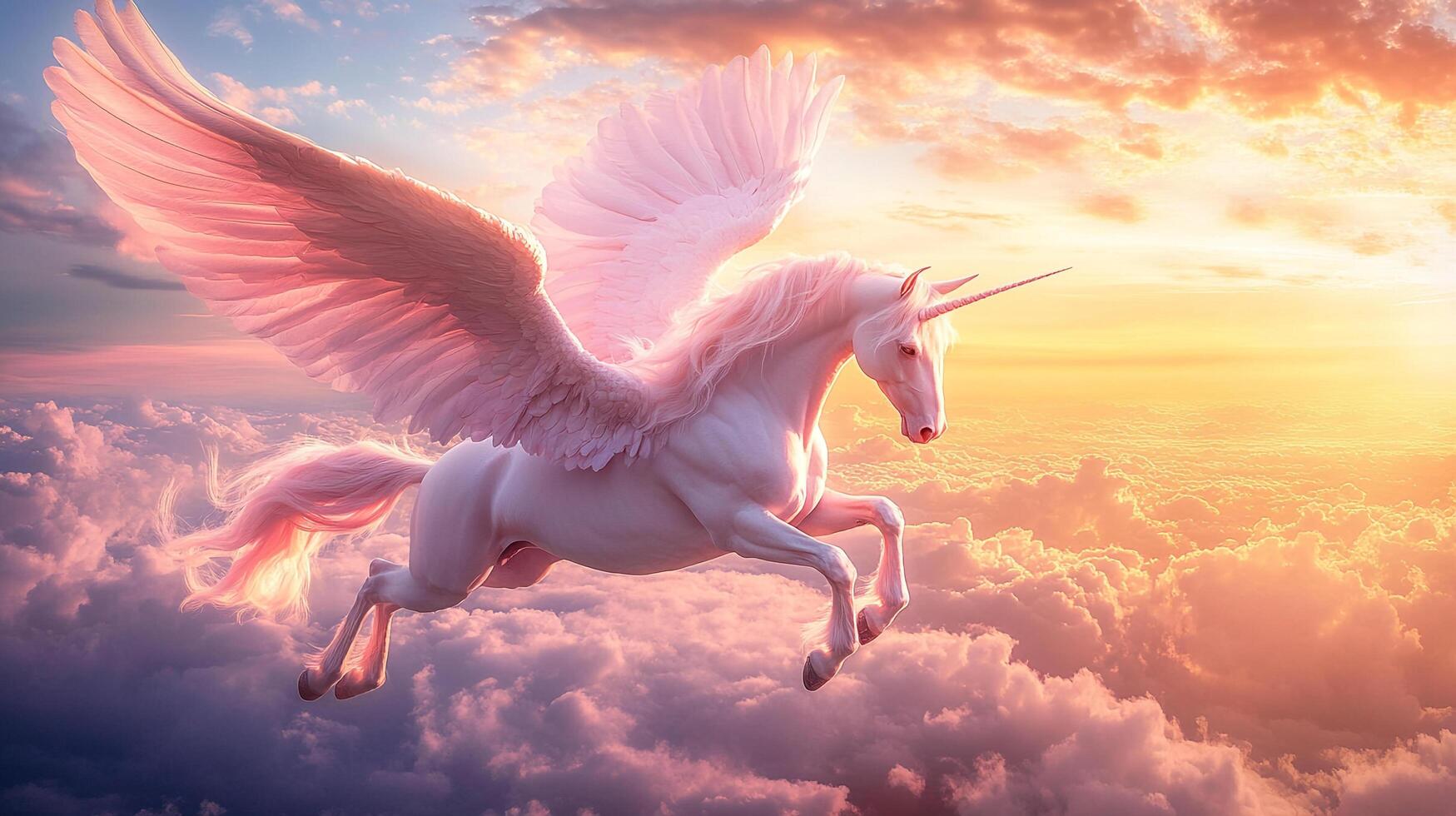 A graceful, winged unicorn soars through the sky, a symbol of hope and magic, illuminated by a warm, glowing sunset on the horizon. photo