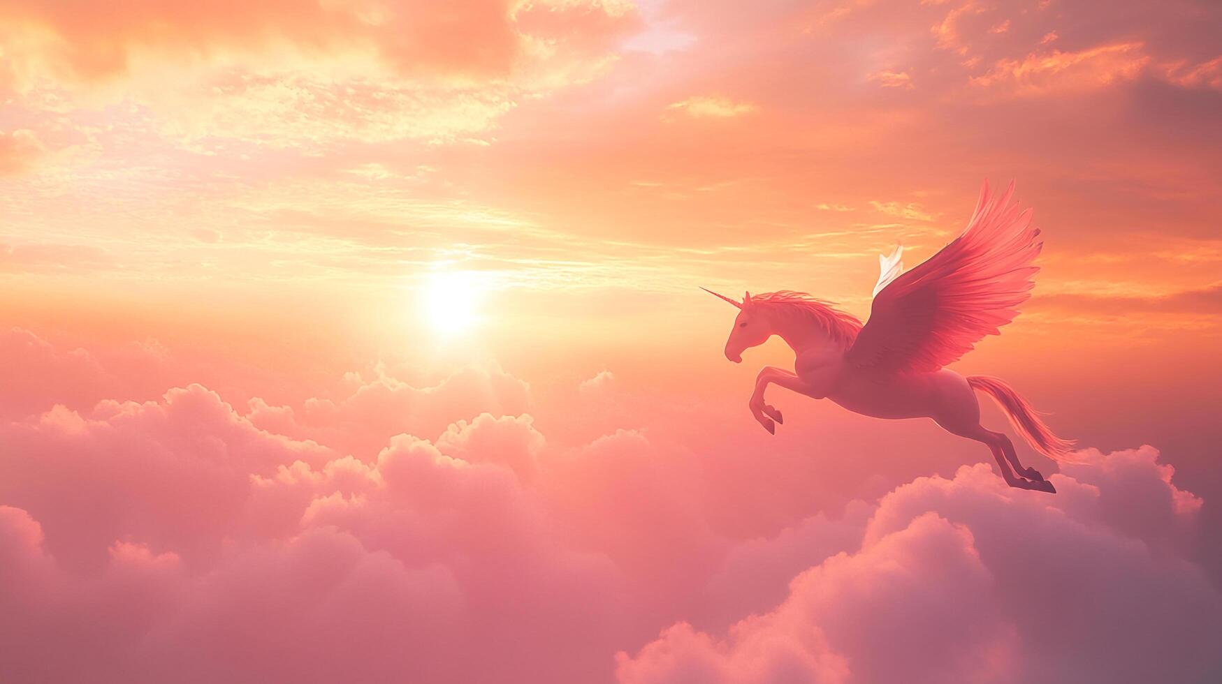 A winged unicorn gallops through a dreamy pink and orange sky, surrounded by fluffy clouds. Magical realism and ethereal beauty combine. photo