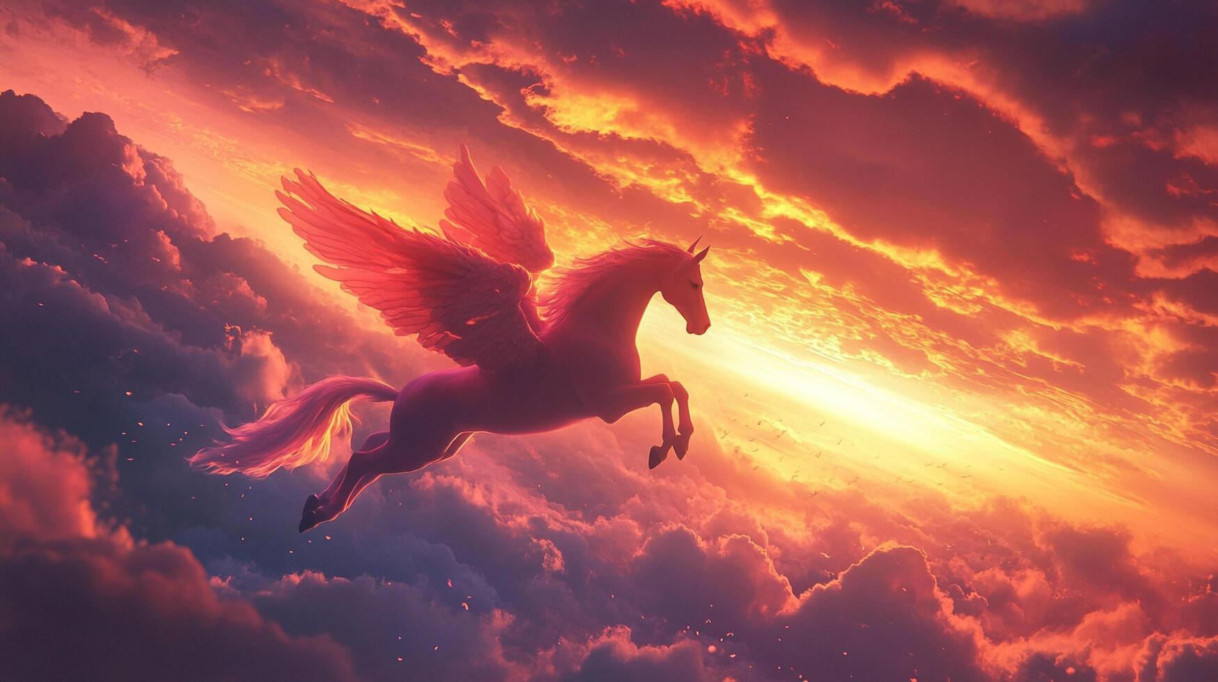 Winged horse soars through vibrant skies, bathed in fiery sunset light. Dreamlike scene of mythical creature among the clouds. photo