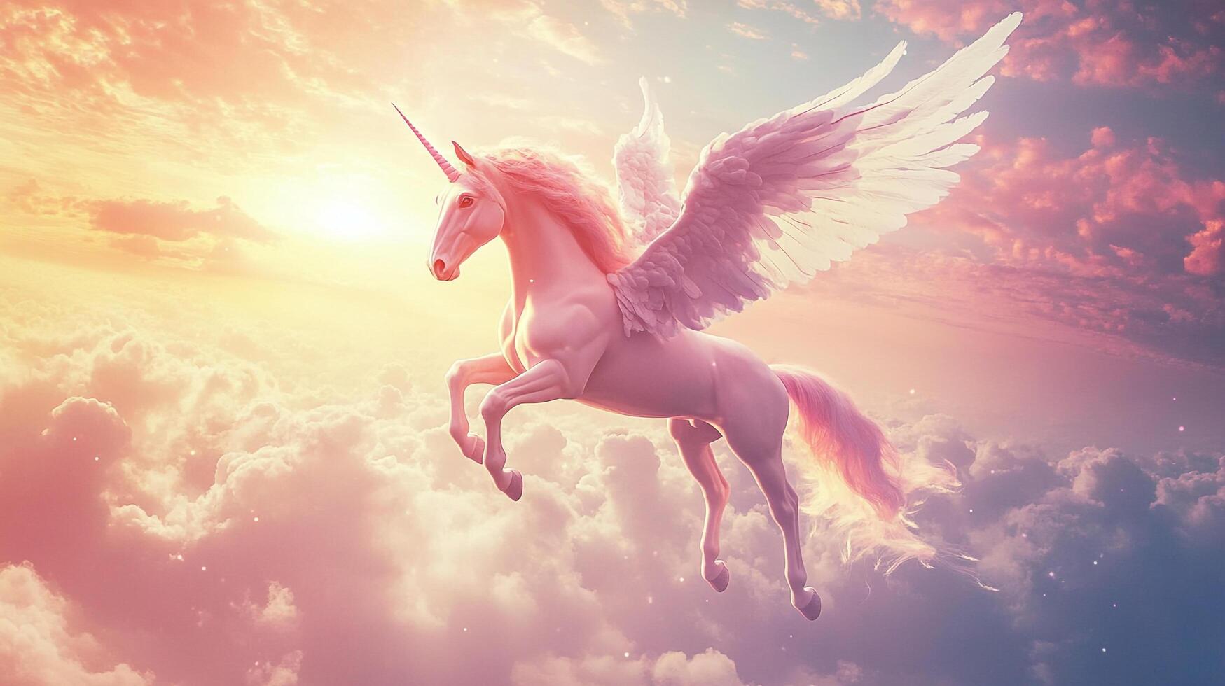 Pegasus Unicorn soaring through a dreamy sky with pastel clouds, a symbol of fantasy and grace in ethereal light. Magical and dreamy aesthetic. photo