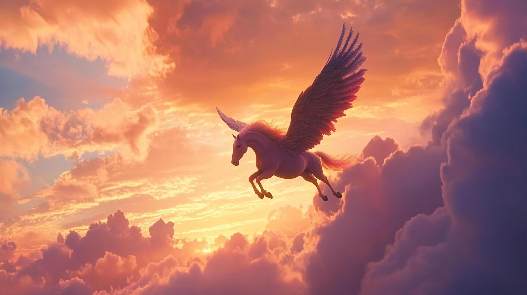 A majestic pegasus soars gracefully amidst vibrant sunset hues and billowing clouds, an ethereal display of fantasy and beauty. photo