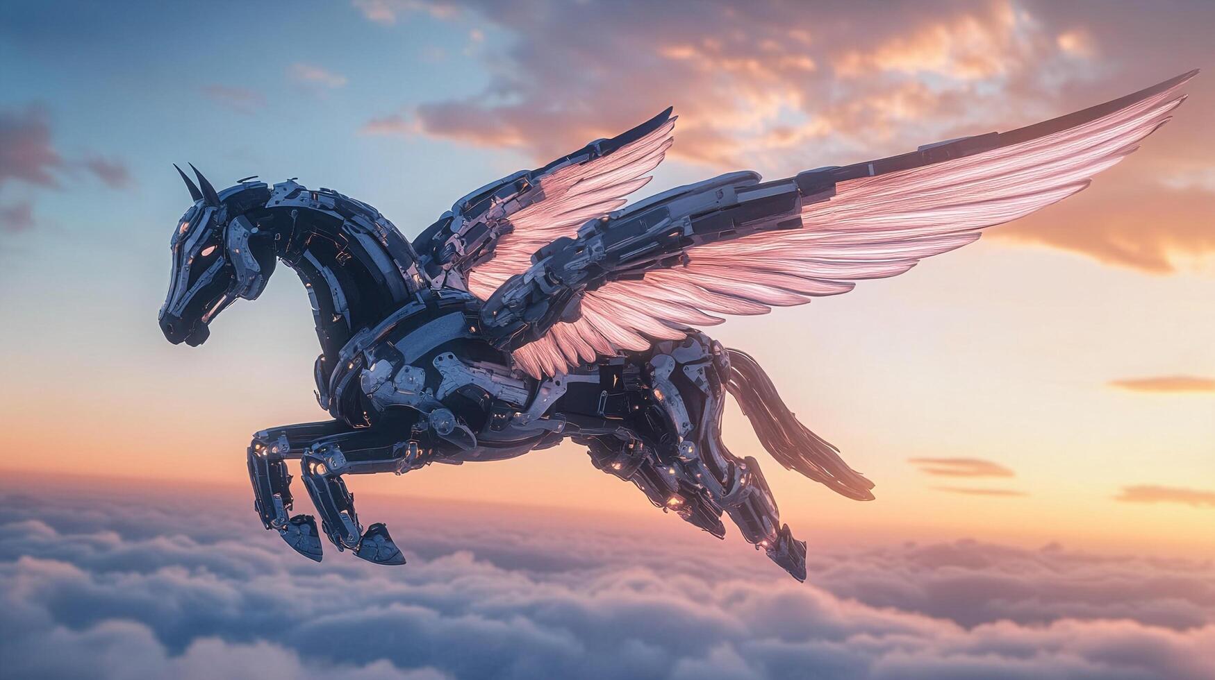 A majestic mechanical Pegasus soars through the sky amidst fluffy clouds, a beacon of imagination and technological marvel. photo