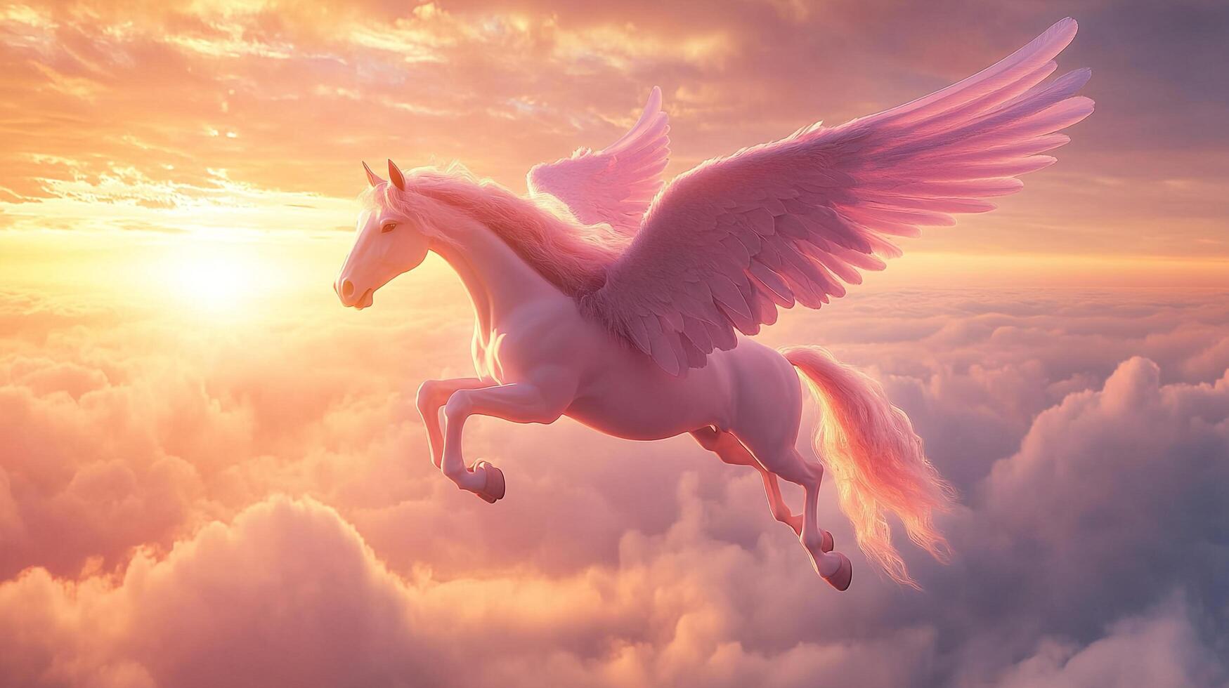A white winged horse soaring through a dreamy cloudscape at sunrise, casting a magical, fantasy-like aura. A beautiful Pegasus image. photo