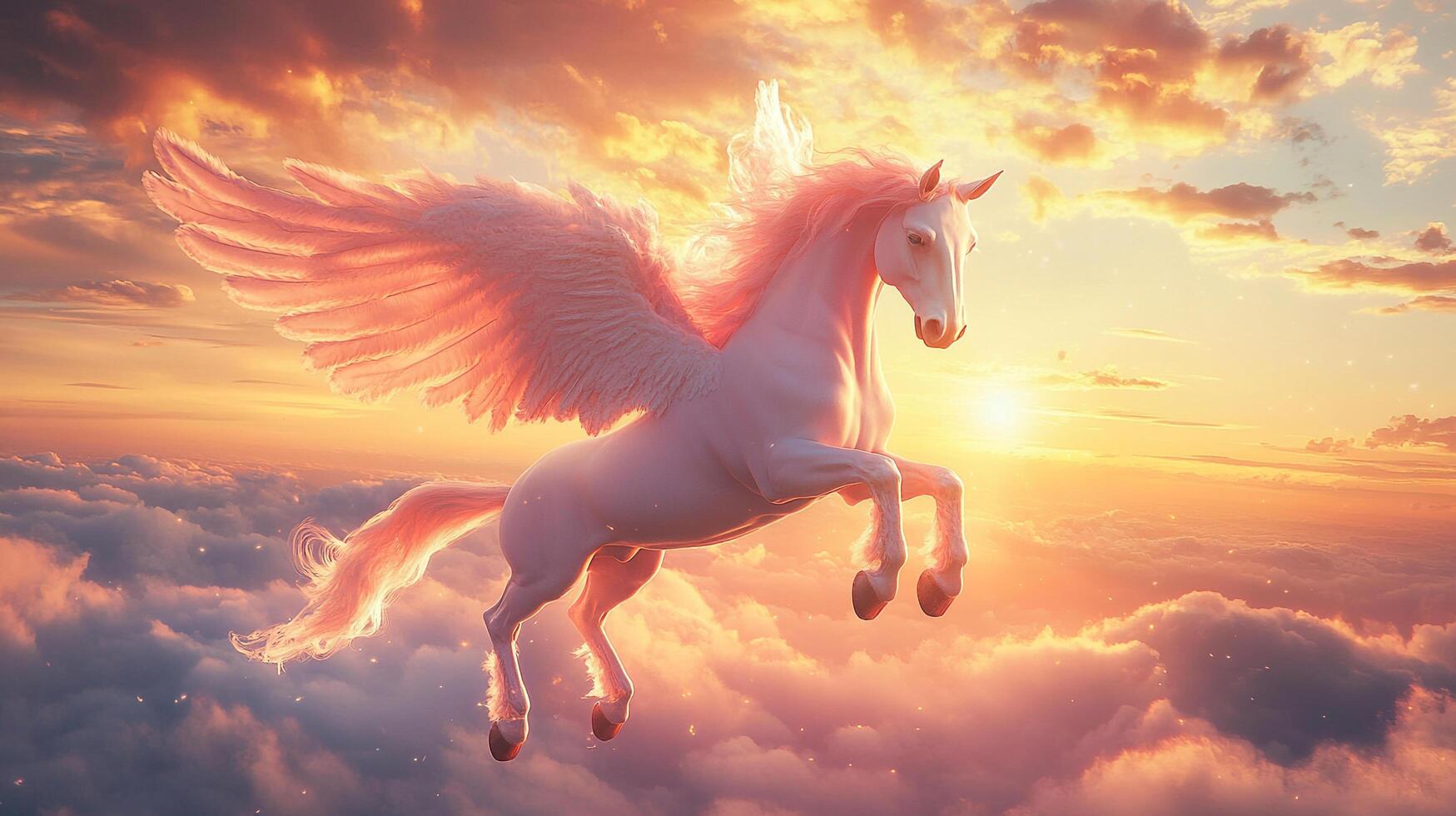 A majestic winged horse soars through a breathtaking sunset sky, evoking a sense of freedom and magic above the clouds. photo