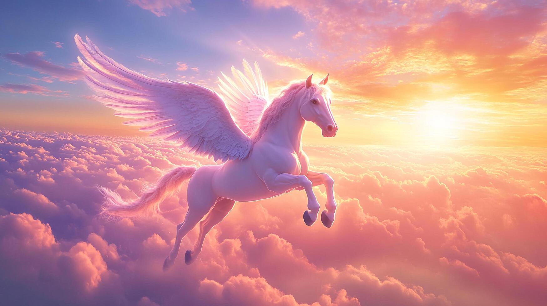 A majestic winged horse soars through the clouds in a dreamy pastel sunset. Majestic, graceful, and light, a beautiful creature photo