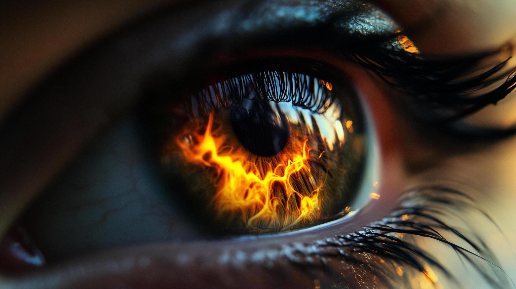 Eye reflecting vibrant flames, creating an intense and fiery gaze with detailed eyelashes. Fiery iris creates captivating aesthetic. photo