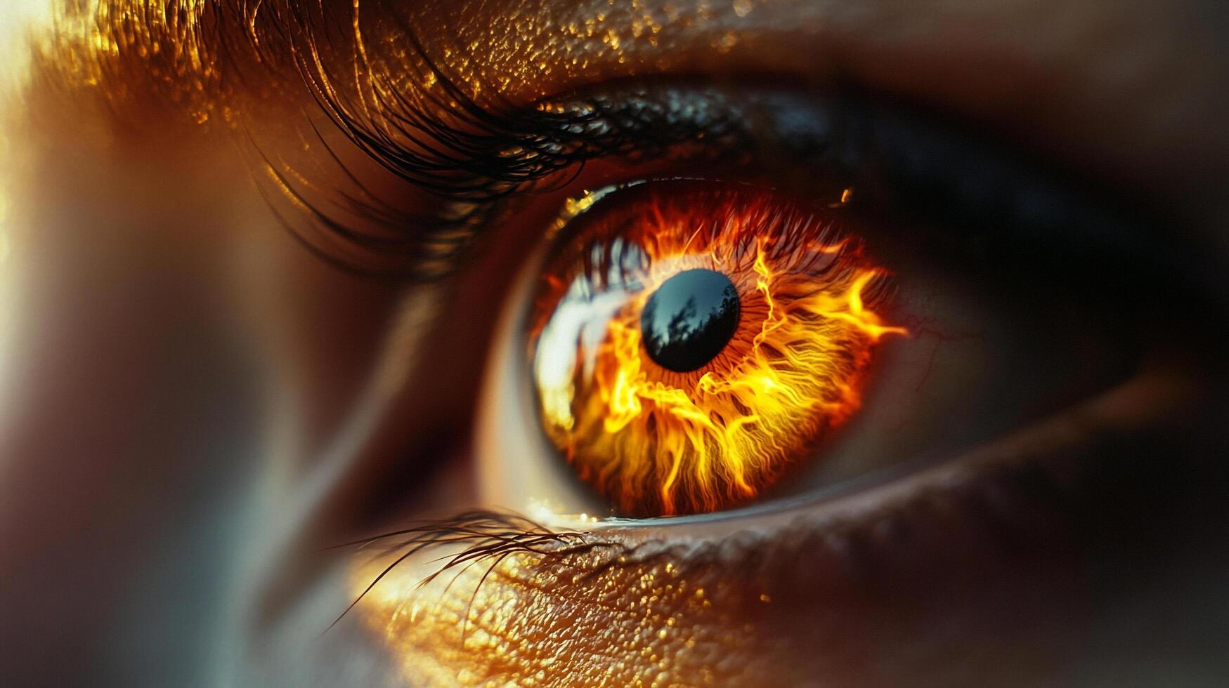 Close-up of a striking eye with flames dancing in the iris, a mesmerizing display of fiery color and intense emotion. photo