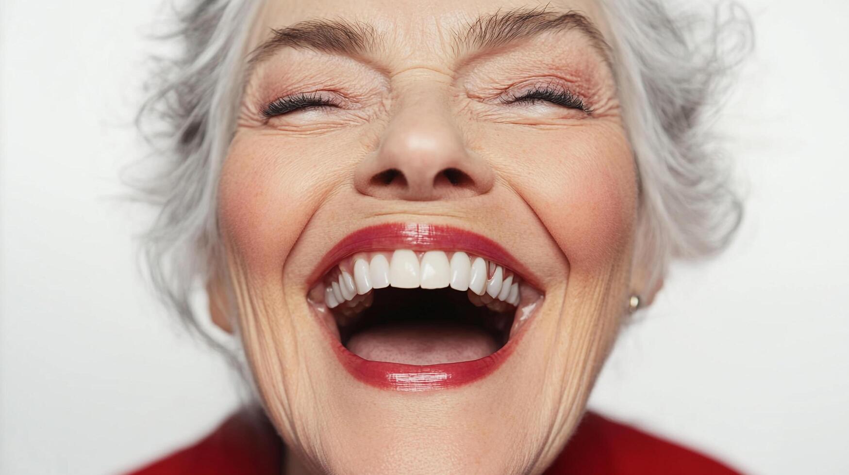 Woman expresses joy, eyes closed, radiant smile, showcasing confidence, positivity, vibrant energy, and healthy gums with bright lipstick. photo