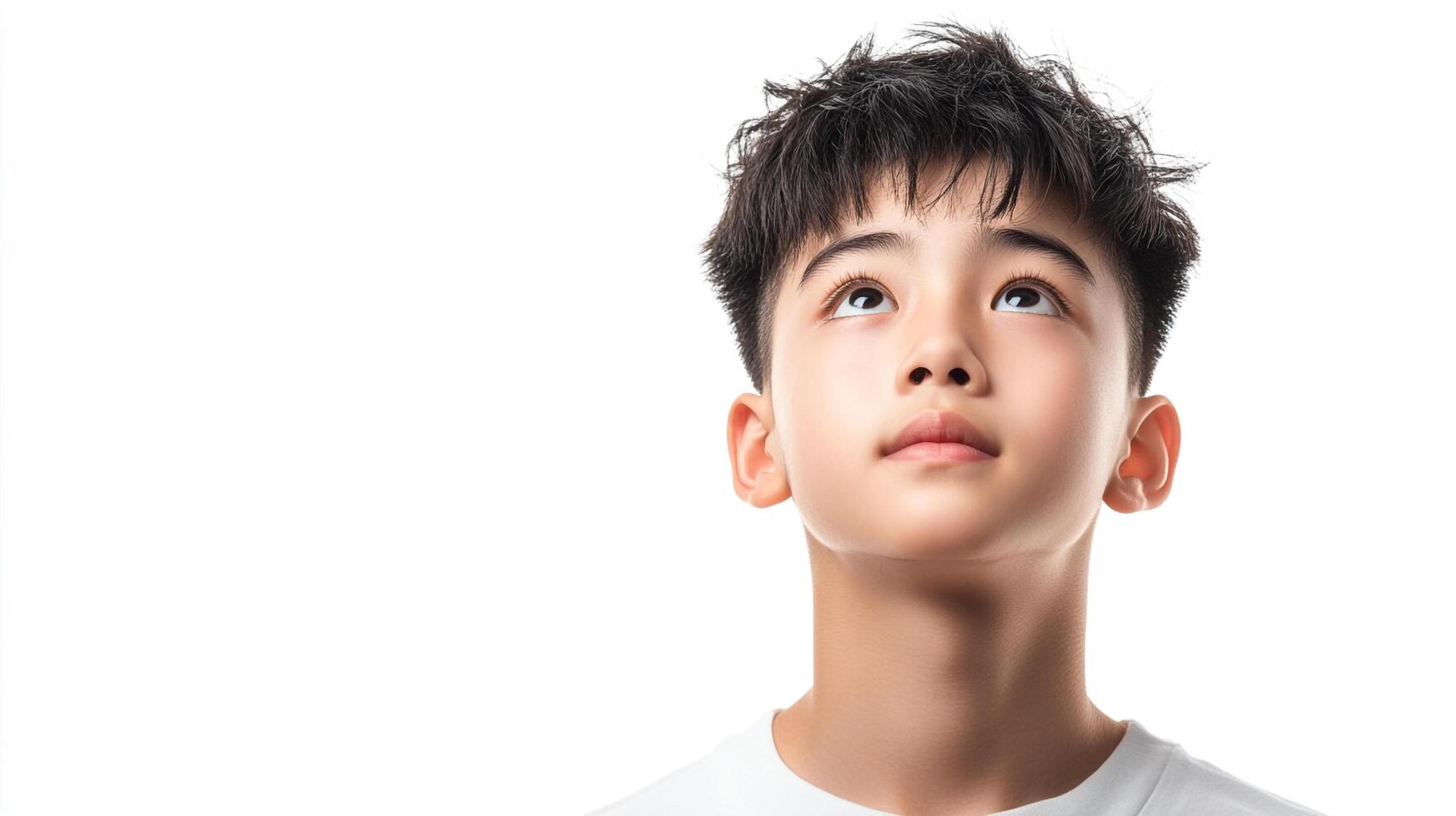 A young boy with dark hair stares upwards with an expression of hope, wonder, and curiosity. The background is clean, minimal, and white. photo
