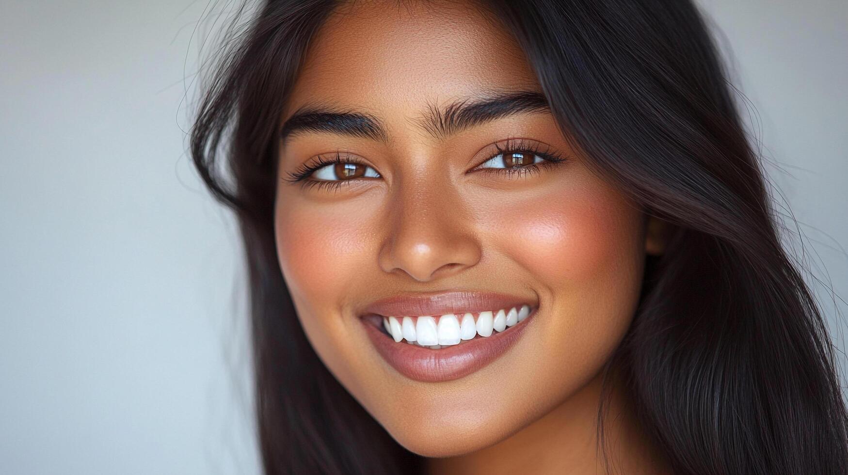 Radiant beauty shines through in this captivating portrait, showcasing glowing skin, bright eyes, and a confident smile. photo