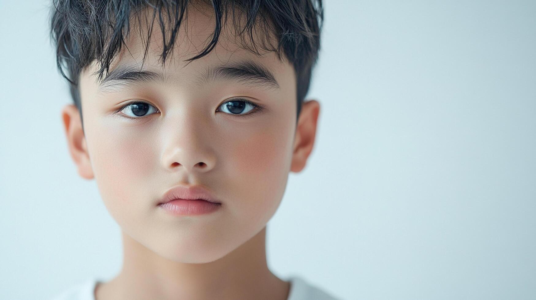 A close-up of a young boy with a gentle expression, looking directly at the camera, against a plain, light-colored background. photo