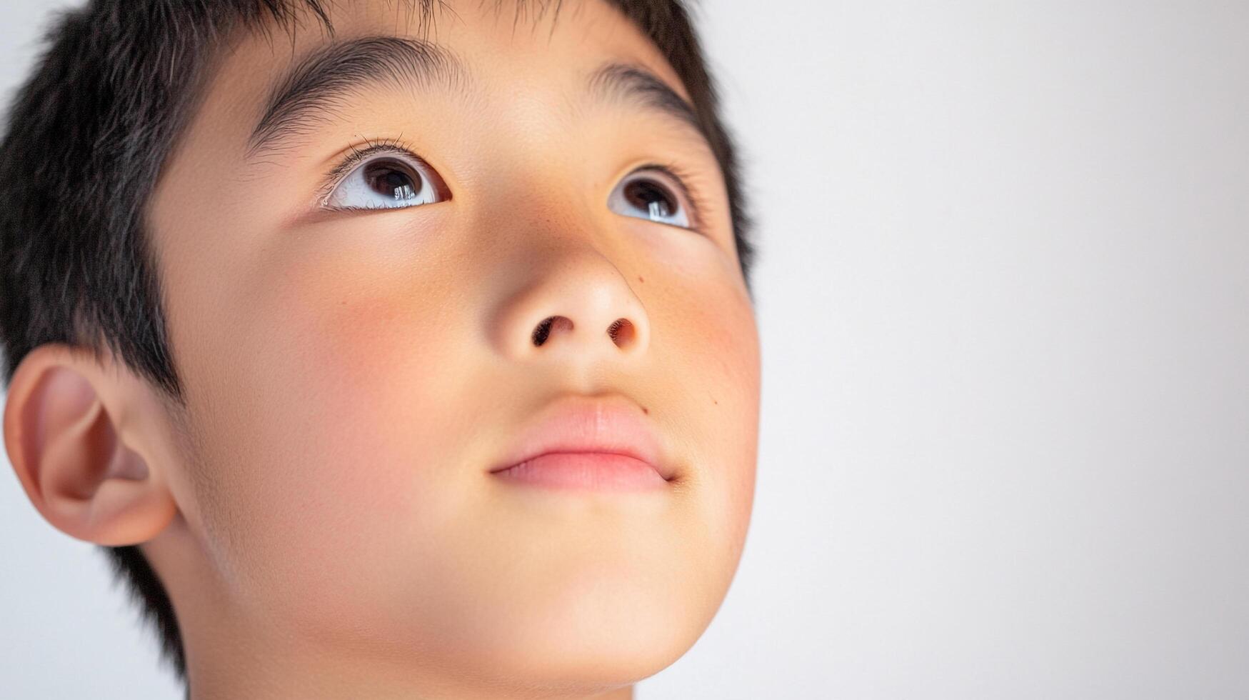 Boy with fair skin, short dark hair, looking up into space. He is thoughtful and curious as he ponders something in his mind. photo