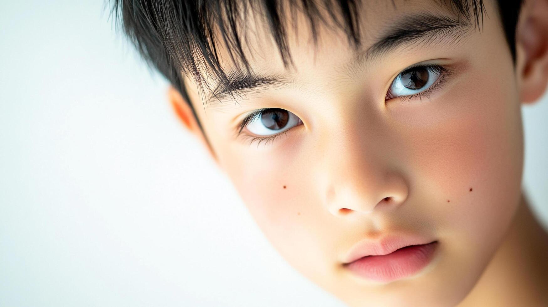 Close-up portrait of a young person with dark hair and brown eyes looking directly at the viewer against a bright, neutral background. photo