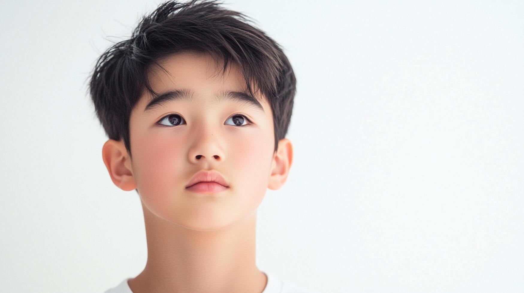Focused young boy looks up against a pristine white backdrop, his eyes filled with curiosity and contemplation in a simple portrait. photo