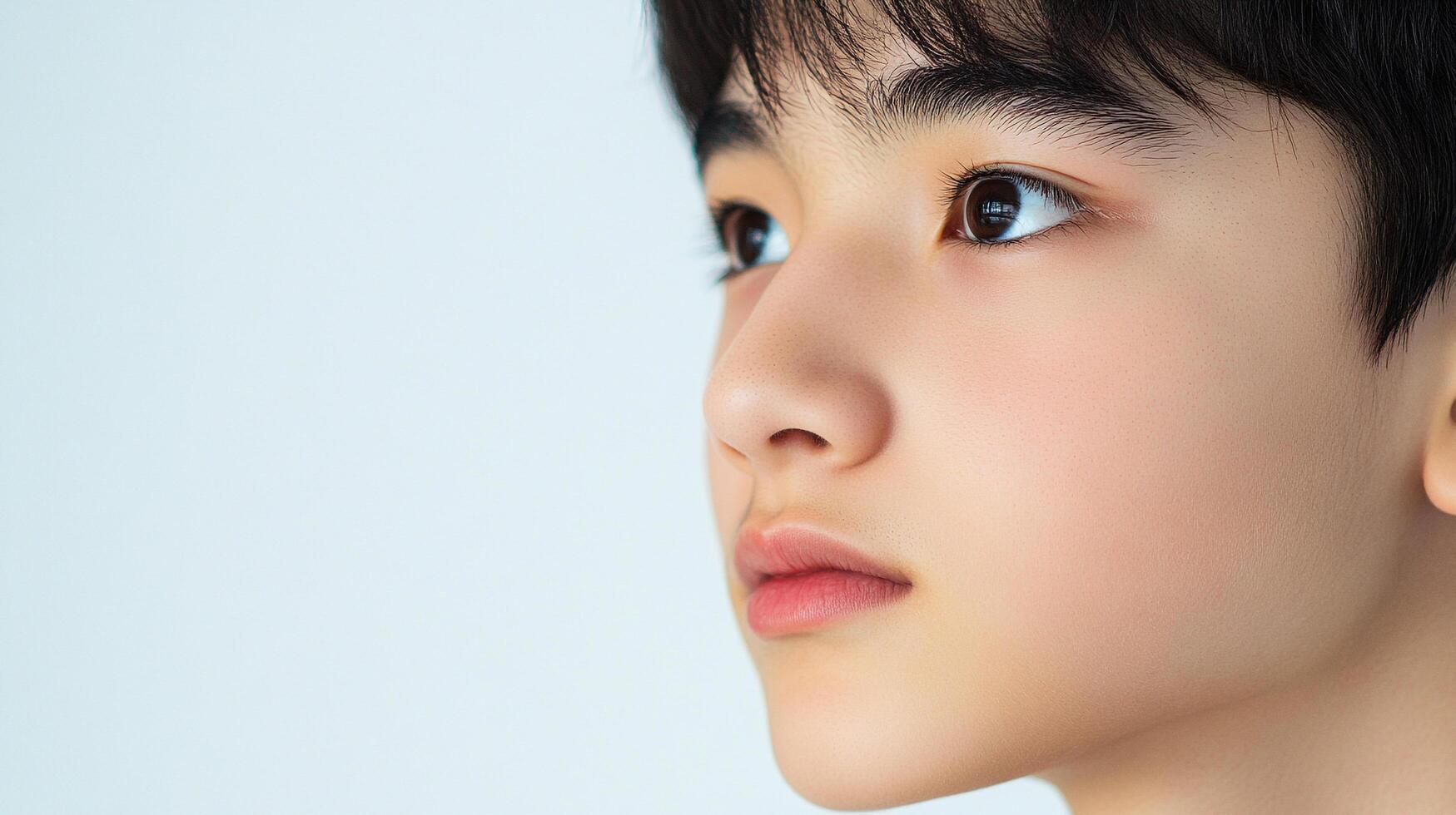 Detailed portrait capturing the serene gaze and delicate features, emphasizing natural beauty and subtle expression with soft lighting. photo