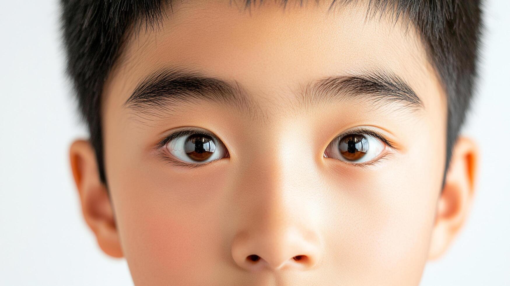 Close-up of a young child's face focusing on their eyes, capturing innocence and youthful expression in a minimalistic portrait. photo