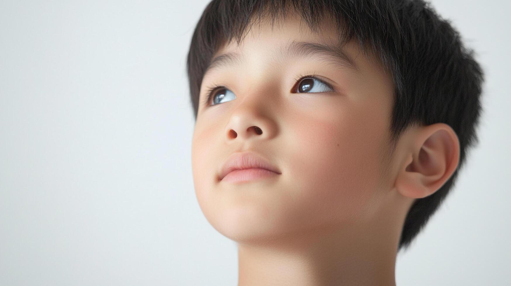 Focused young boy gazes upward with a hopeful expression, suggesting dreams and aspirations. A portrait of innocence and anticipation. photo