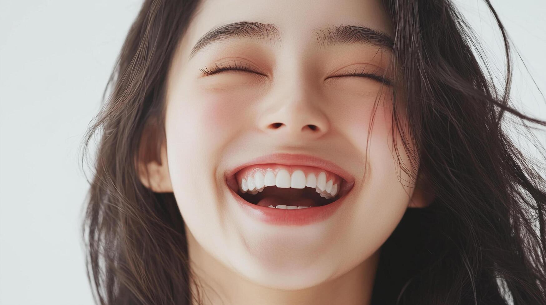 Radiant joy captured in a beaming smile, highlighting natural beauty and expressing pure happiness with closed eyes and flowing hair. photo
