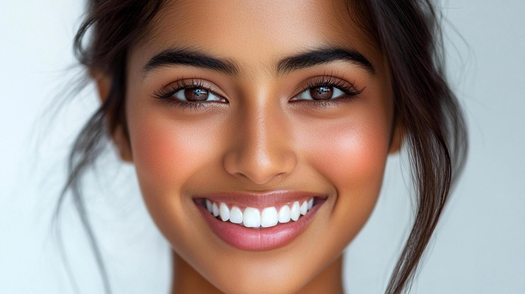 Radiant woman with a warm smile. Captivating eyes and beautiful skin glow with health and happiness. Expressing natural beauty. photo
