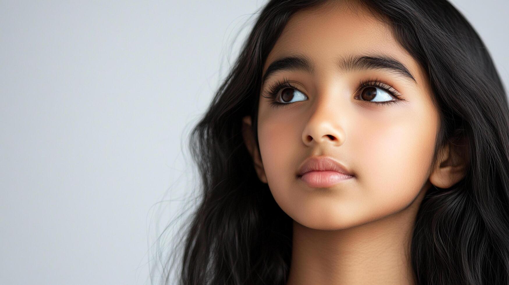 Serene portrait of a young girl with dark hair looking towards the upper left, showcasing her calm and reflective expression. photo