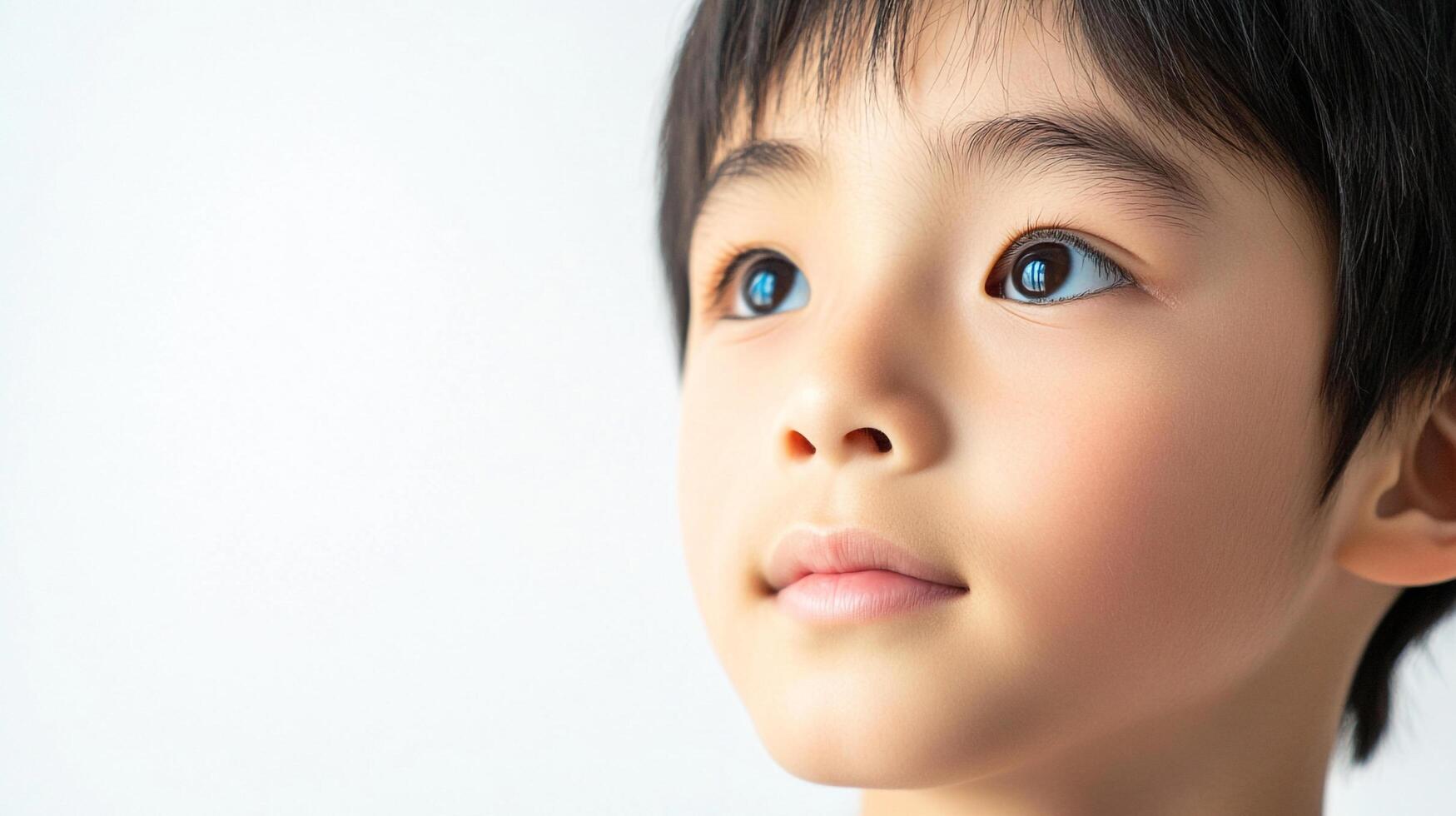 Young boy gazes upward, his face filled with wonder and anticipation, eyes reflecting light against a stark, white background. photo