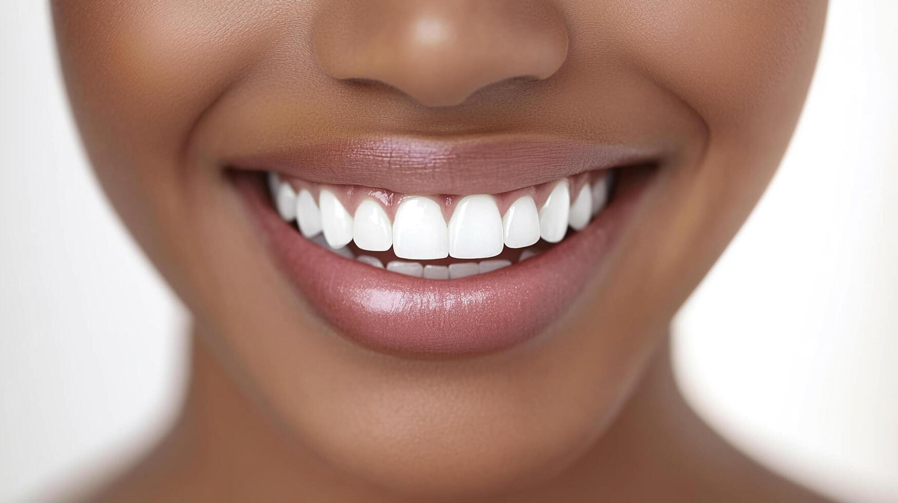 Close-up of a beautiful smile featuring perfectly aligned, bright white teeth and glossy lips against a blurred backdrop, ideal for dental health. photo